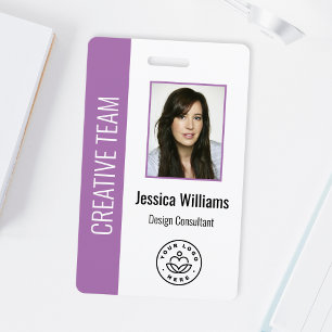 Custom Employee Photo, Bar Code, Logo, Name Purple Badge