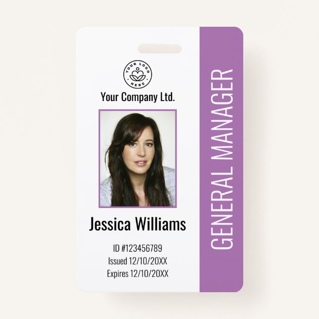 Custom Employee Photo, Bar Code, Logo, Name Purple Badge (Front)