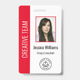 Custom Employee Photo, Bar Code, Logo, Name Red Badge