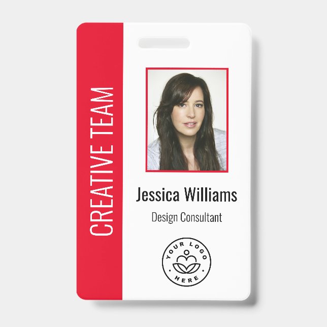 Custom Employee Photo, Bar Code, Logo, Name Red Badge (Front)