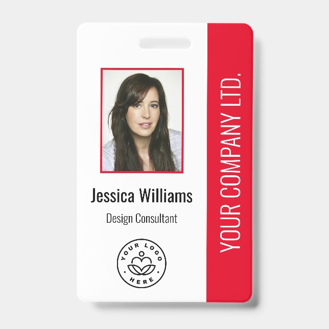Custom Employee Photo, Bar Code, Logo, Name Red Badge (Front)