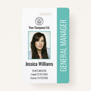 Custom Employee Photo, Bar Code, Logo, Name Teal B Badge