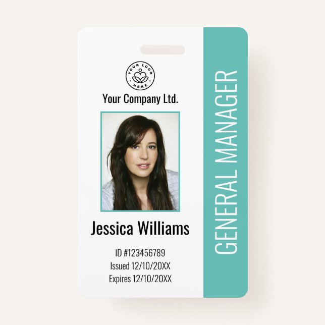 Custom Employee Photo, Bar Code, Logo, Name Teal B Badge (Front)