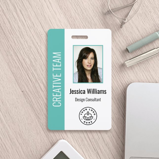Custom Employee Photo, Bar Code, Logo, Name Teal Badge (Creator Uploaded)