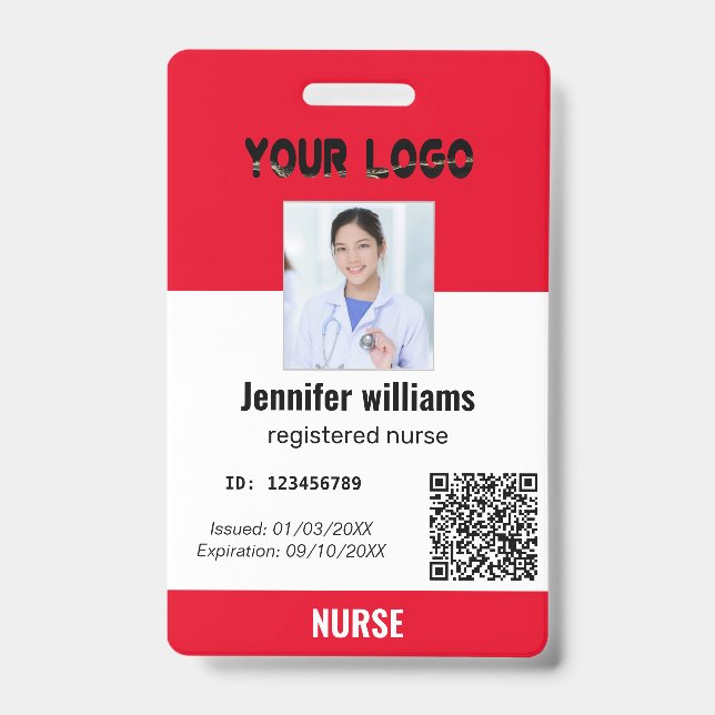 Custom Employee Photo, Bar Code, Logo, red name  Badge (Front)