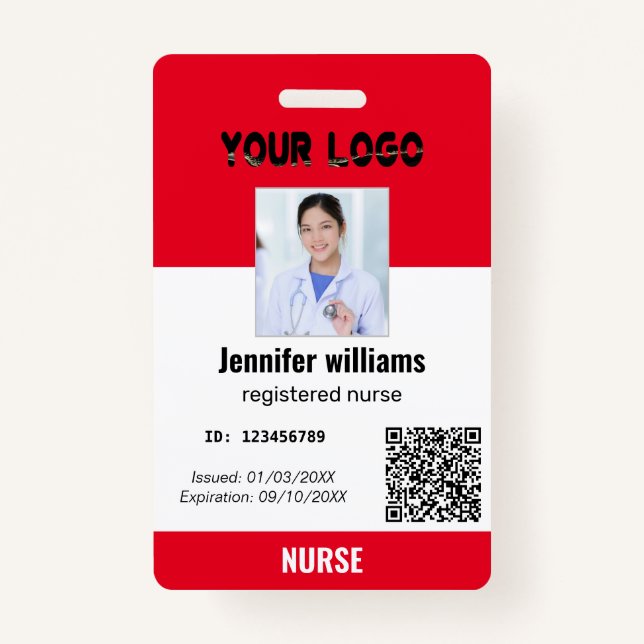 Custom Employee Photo, Bar Code, Logo, red name  Badge (Front)