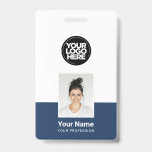 Custom Employee - Photo, BarCode, Large Logo, Name Badge<br><div class="desc">Easily personalize this Custom Employee Name Badge with Photo, Scan Bar Code and large business logo. A simple business design in navy blue and white colors fully customizable in front and back sizes, sans-serif basic and modern fonts and a professional and clear look. Avaiable with lanyard, metal clip or with...</div>