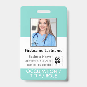 Custom Employee Photo, Barcode Logo Aqua Blue Name Badge
