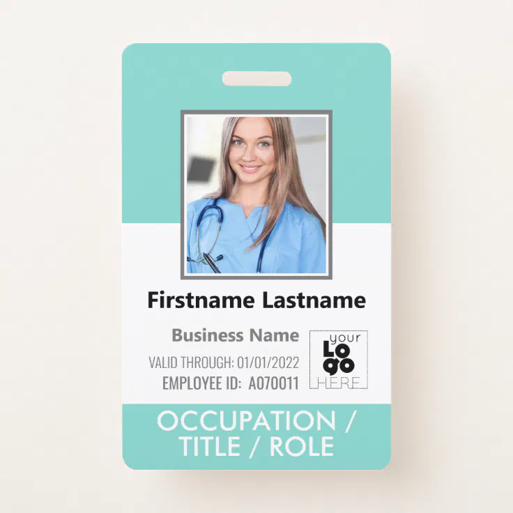 Custom Employee Photo, Barcode Logo Aqua Blue Name Badge | Zazzle