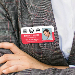 Custom Employee Photo Branded Red Magnetic Name Tag