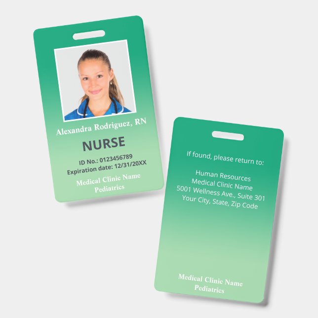 Custom Employee Photo Green Gradient Medical ID Badge (Front & Back)