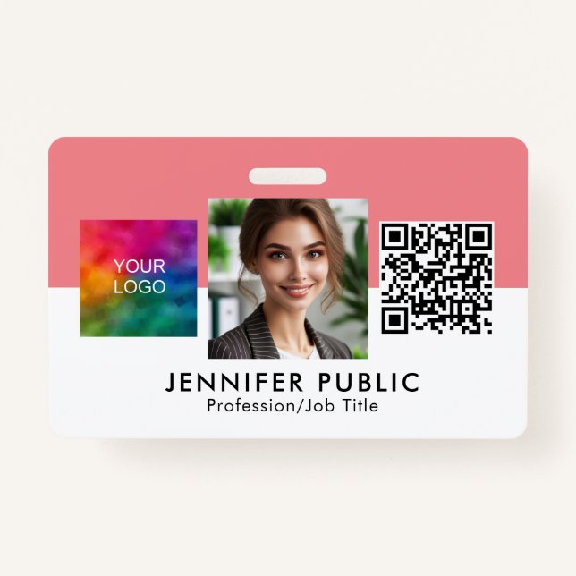 Custom Employee Photo Here Business Logo QR Code Badge (Front)