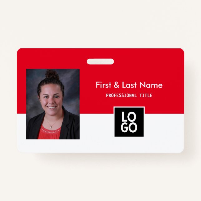 Custom Employee Photo ID Red Minimal Simple ID Badge (Front)
