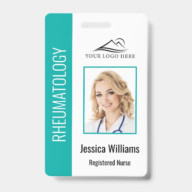Custom Employee Photo Logo Bar Code Name Teal Badge (Front)