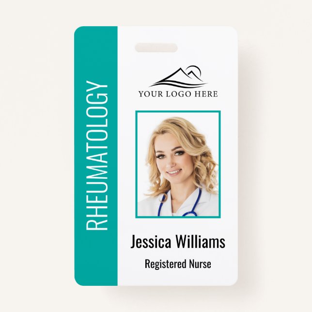 Custom Employee Photo Logo Bar Code Name Teal Badge (Front)