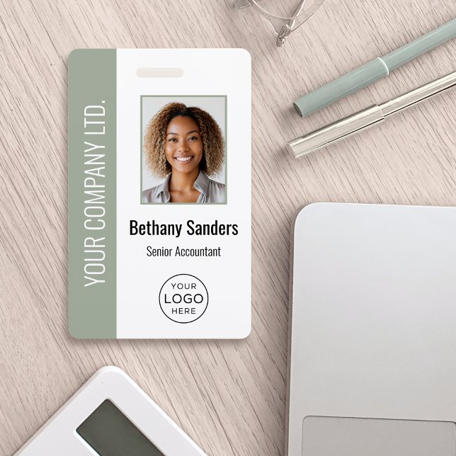 Custom Employee Photo, Logo, Name Sage Green Badge (Creator Uploaded)