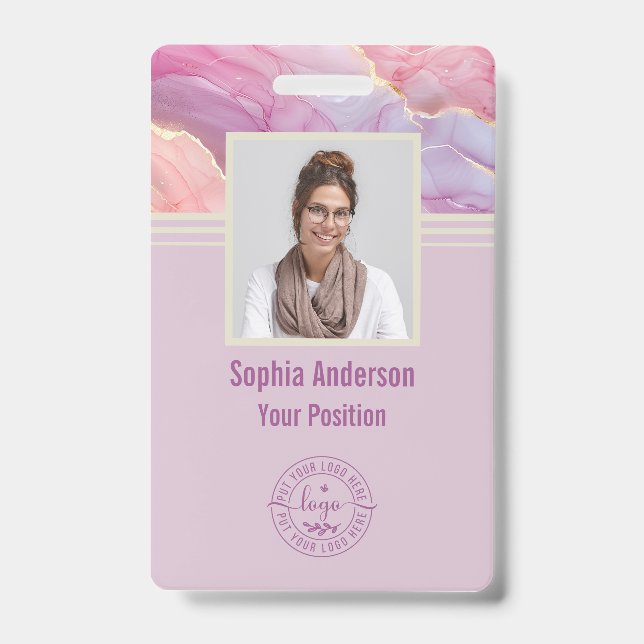 Custom Employee Photo QR Code Purple Modern Marble Badge (Front)
