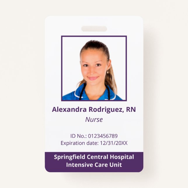 Custom Employee Photo White Purple Hospital ID Badge (Front)