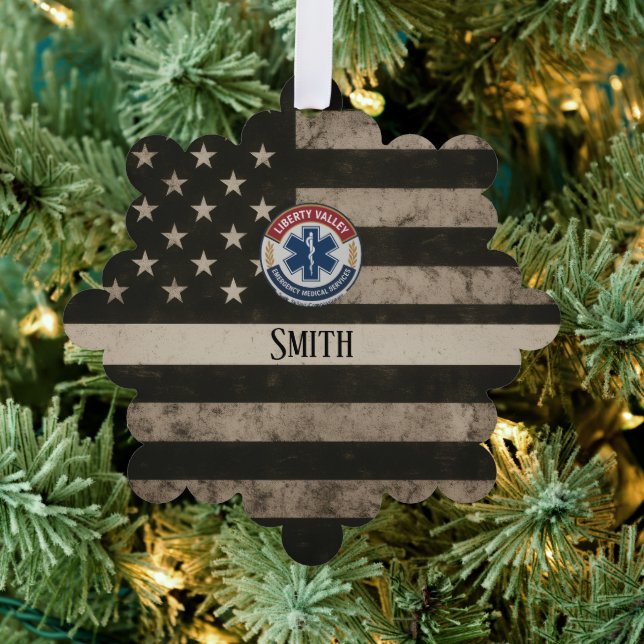 Custom EMS Thin White Line American Flag Ornament Card (Insitu (Tree))