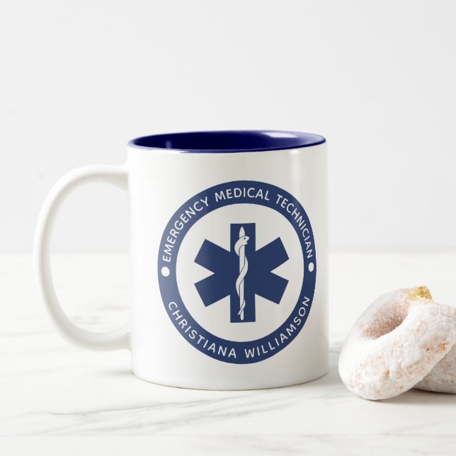 Custom EMT Symbol Emergency Medical Technician Two-Tone Coffee Mug (With Donut)