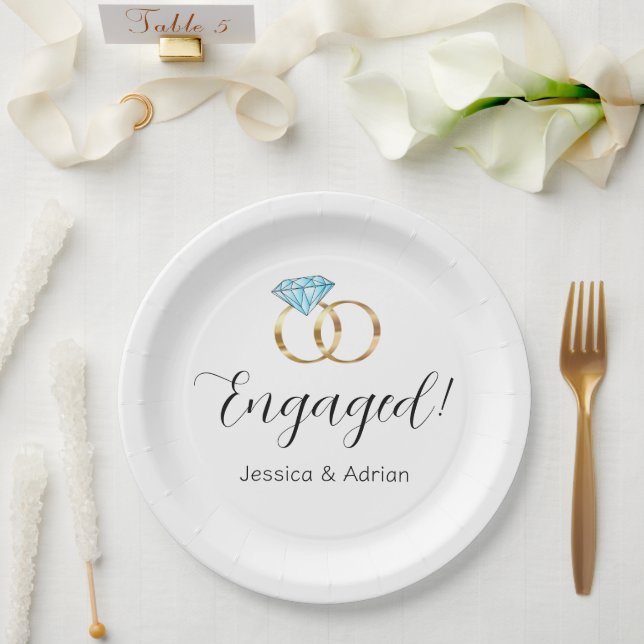 Custom Engaged Blue Gold Diamond Wedding Rings Paper Plate (Wedding)