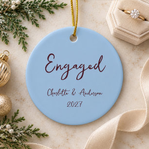 Custom Engaged Couple Handwritten Burgundy Blue Ceramic Ornament