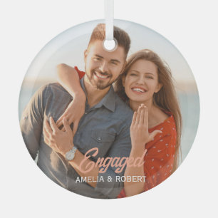 Custom Engaged Couple Photo Glass Ornament