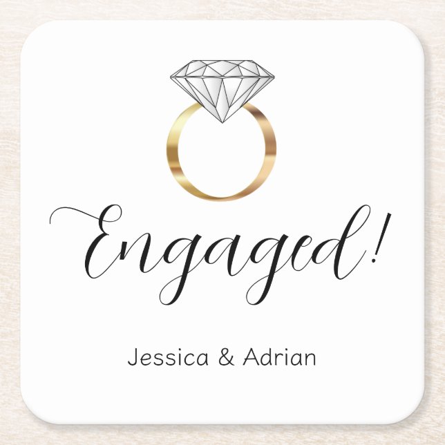 Custom Engaged Gold Diamond Ring Engagement Party Square Paper Coaster (Front)