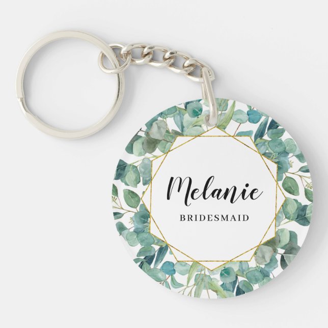 Custom Eucalyptus Gold Bridesmaid Favour Keychain (Front)