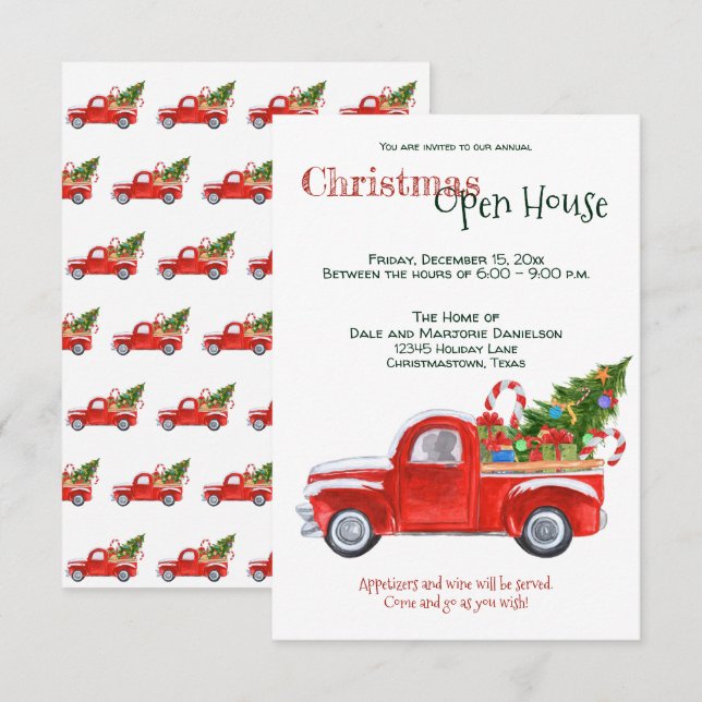Custom Event Christmas Open House Red Truck Trendy Invitation (Front/Back)