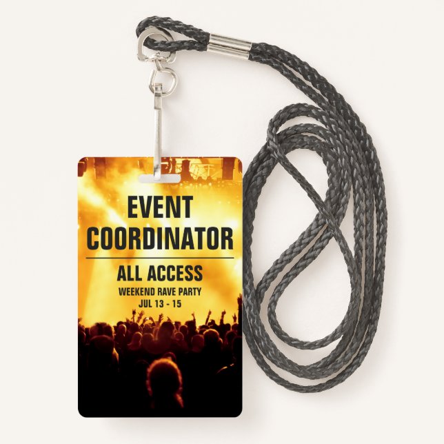 Custom Event Coordinator All Access Concert Pass B Badge (Front with Lanyard)