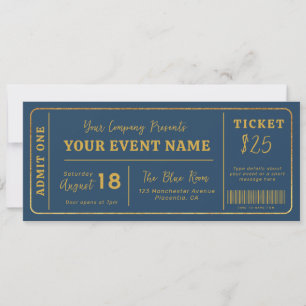 Custom Event Ticket, Concert Fake Ticket Gold Invitation