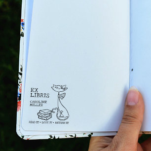 Custom Ex Libris, Cute Cat with books  Rubber Stamp