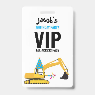 Custom Excavator Birthday Party Pass Favour Badge