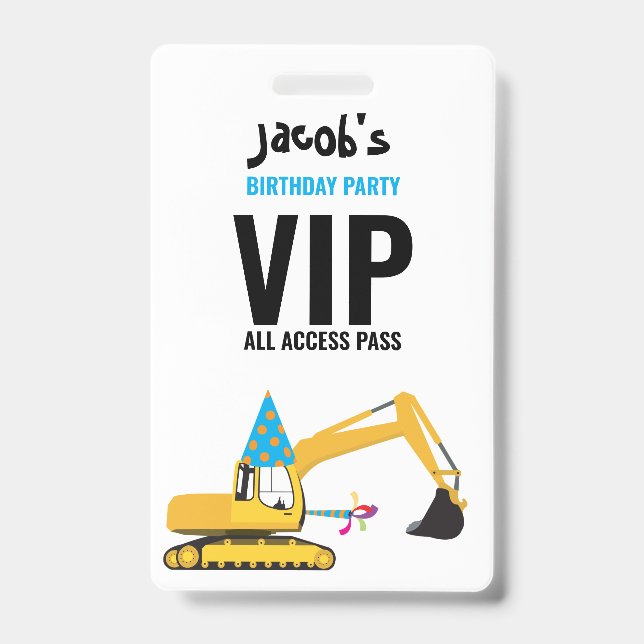Custom Excavator Birthday Party Pass Favour Badge (Front)