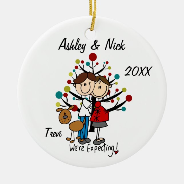 Custom Expectant Couple With Dog Ornament (Front)