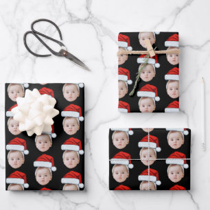 Custom Face Head Photo Santa Hat Christmas Black Wrapping Paper Sheet