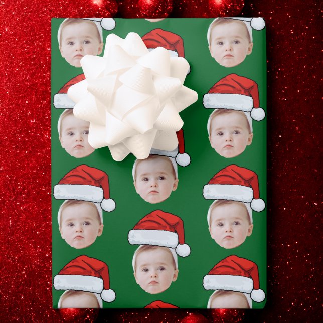Custom Face Head Photo Santa Hat Christmas Green Wrapping Paper Sheet (Creator Uploaded)
