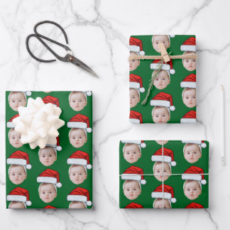 Custom Face Head Photo Santa Hat Christmas Green Wrapping Paper Sheet