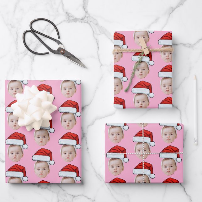 Custom Face Head Photo Santa Hat Christmas Pink Wrapping Paper Sheet (Front)