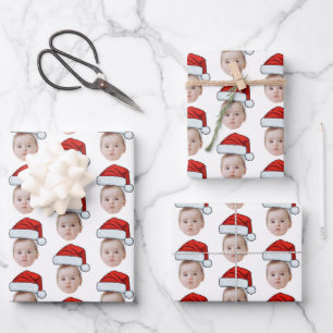 Custom Face Head Photo Santa Hat Christmas White Wrapping Paper Sheet