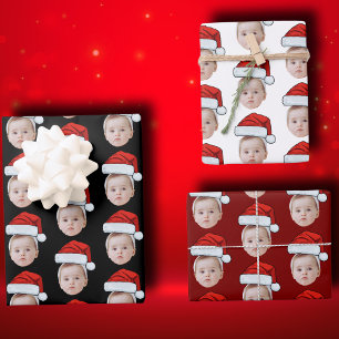 Custom Face Head Photo Santa Hat Christmas Wrapping Paper Sheet