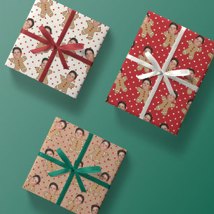 Custom Face Photo Gingerbread Men Christmas Dots Wrapping Paper Sheet