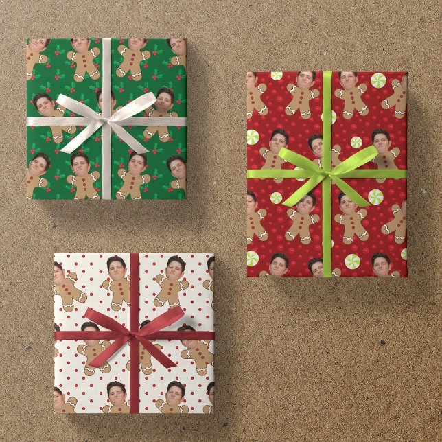 Custom Face Photo Gingerbread Men Christmas Prints Wrapping Paper Sheet (Creator Uploaded)