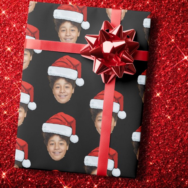 Custom Face Photo Santa Claus Hat Christmas Black Wrapping Paper (Creator Uploaded)