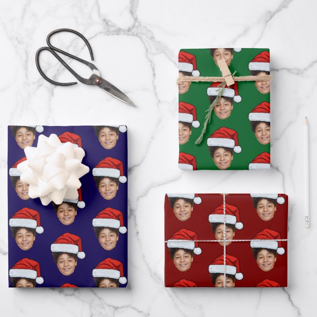 Custom Face Photo Santa Claus Hat Christmas Gift Wrapping Paper Sheet (Front)