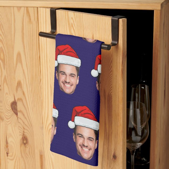 Custom Face Photo Santa Hat Christmas blue Kitchen Towel (Thirds Fold)