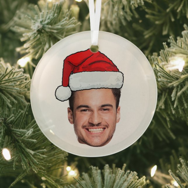 Custom Face Photo Santa Hat Christmas Glass Ornament (Insitu)