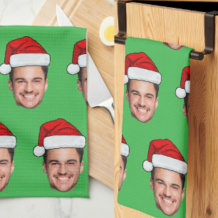 Custom Face Photo Santa Hat Christmas Green Kitchen Towel
