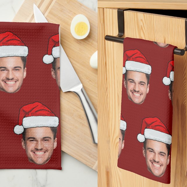 Custom Face Photo Santa Hat Christmas Red Kitchen Towel (Creator Uploaded)